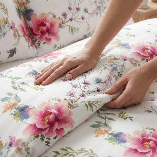 Zbliżenie na grubą bawełnę premium; wyraźnie widoczne precyzyjne rysunki różowych kwiatów i liści na bieli.