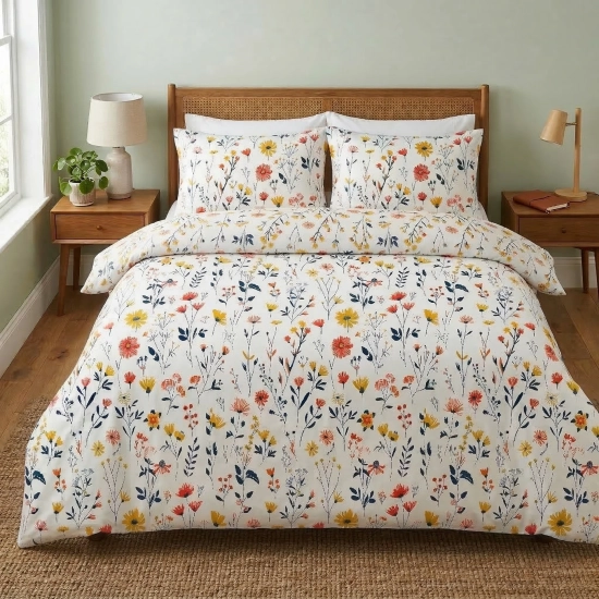 Bawełniana pościel w kolorowe kwiaty i granatowe listki na dwuosobowym łóżku
