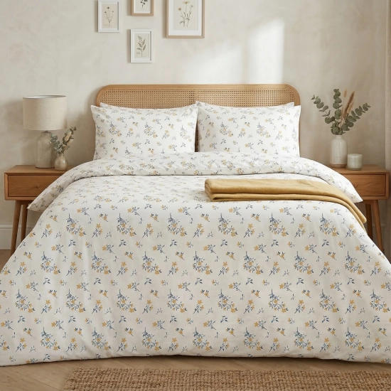 Bawełniana pościel w miodowe kwiaty i szare gałązki na dwuosobowym łóżku