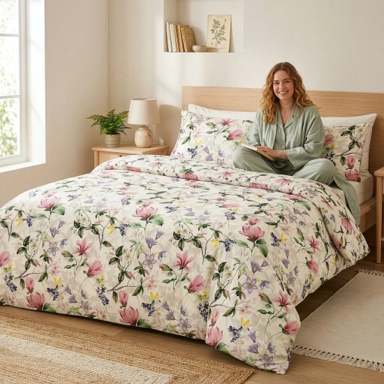 Kobieta siedząca na łóżku z pościelą w duże różowe kwiaty magnolii