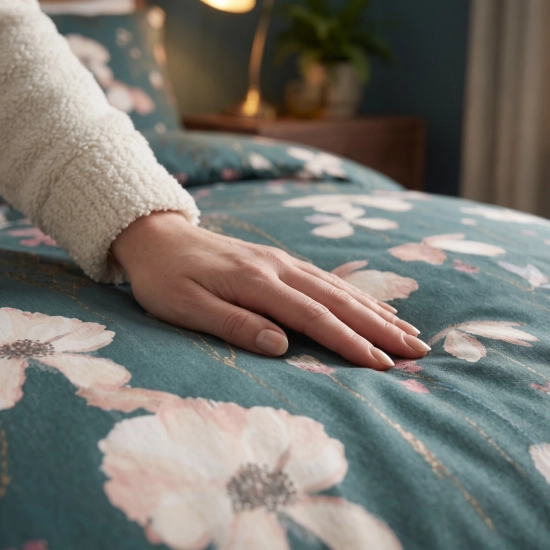 Precyzyjne zbliżenie na mięsistą strukturę gładkiej bawełny ukazujące akwarelowy kwiat anemonu na butelkowej zieleni