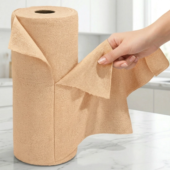 Kobieca dłoń odrywająca jedną beżową ściereczkę z mikrofibry ze stojącej pionowo rolki na jasnym, marmurowym blacie kuchennym.
