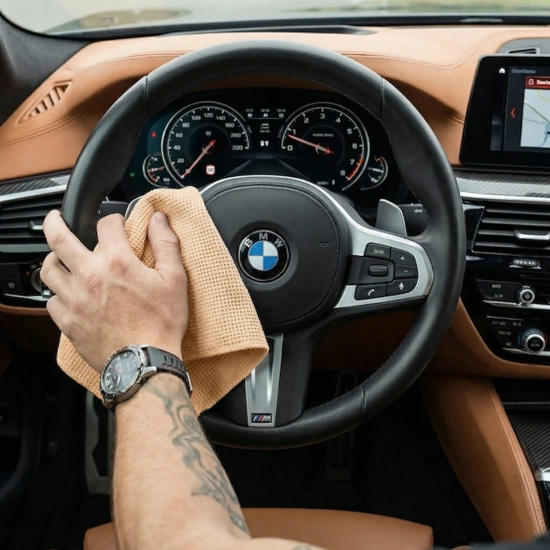 Męska dłoń z zegarkiem i tatuażem przecierająca czarną skórzaną kierownicę w samochodzie marki BMW za pomocą beżowej ściereczki z mikrofibry.