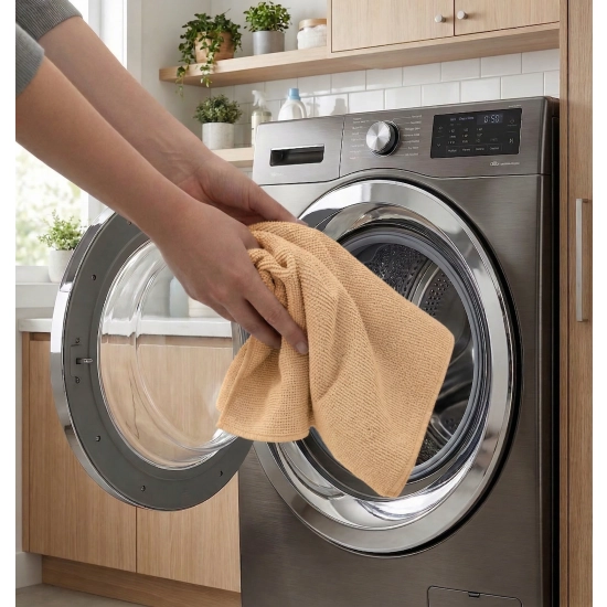 Kobiece dłonie wyciągające czystą, beżową ściereczkę z mikrofibry z bębna otwartej, grafitowej pralki.
