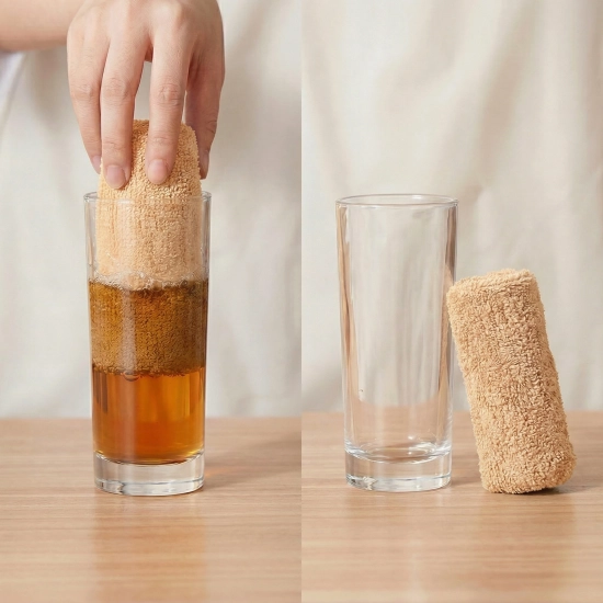 Podzielone zdjęcie testu chłonności. Po lewej: dłoń wciska zrolowaną beżową ściereczkę do wysokiej szklanki z brązowym płynem. Po prawej: pusta szklanka i obok stojąca pionowo, mokra beżowa ściereczka po wchłonięciu płynu.