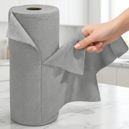 Kobieca dłoń odrywająca jedną szarą ściereczkę z mikrofibry ze stojącej pionowo rolki na jasnym kuchennym blacie.