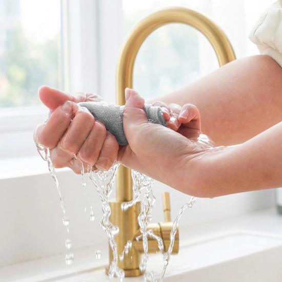 Kobiece dłonie wyciskające nadmiar wody z mokrej, szarej ściereczki z mikrofibry nad złotą baterią zlewozmywakową w kuchni.