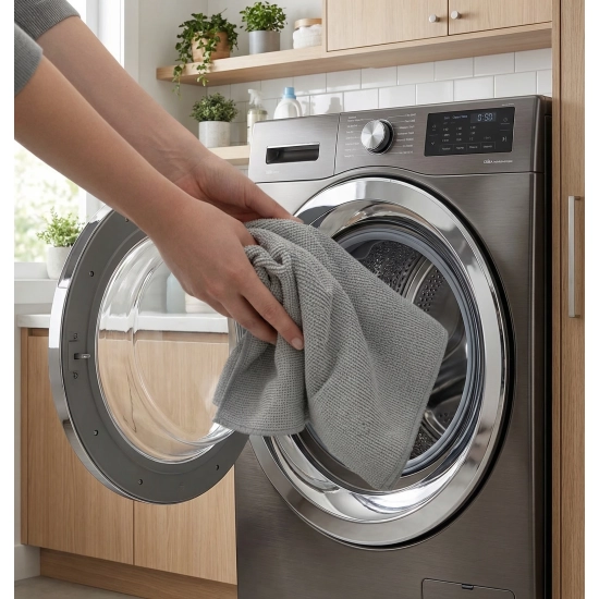 Kobiece dłonie wyciągające czystą, upraną szarą ściereczkę z mikrofibry z bębna nowoczesnej, grafitowej pralki automatycznej.