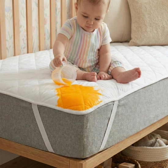 Dziecko rozlewające napój na biały, pikowany ochraniacz do łóżeczka dziecięcego - test wodoodporności