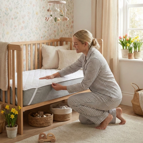 Uśmiechnięta kobieta zakłada nieprzemakalny ochraniacz z gumkami na materac w łóżeczku dziecięcym polskiej marki J&W