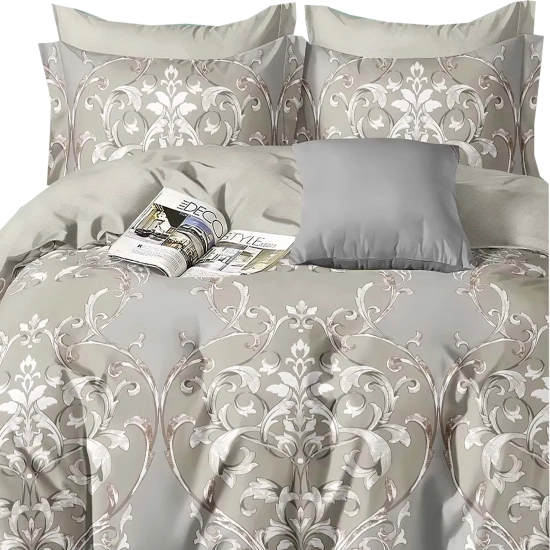 Pościel flanelowa w tradycyjne ornamenty damask w odcieniach szarości i beżu miniaturka