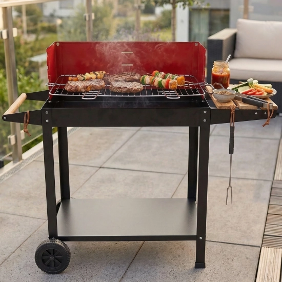 Rozpalony grill węglowy na tarasie z mięsem i szaszłykami na chromowanym ruszcie