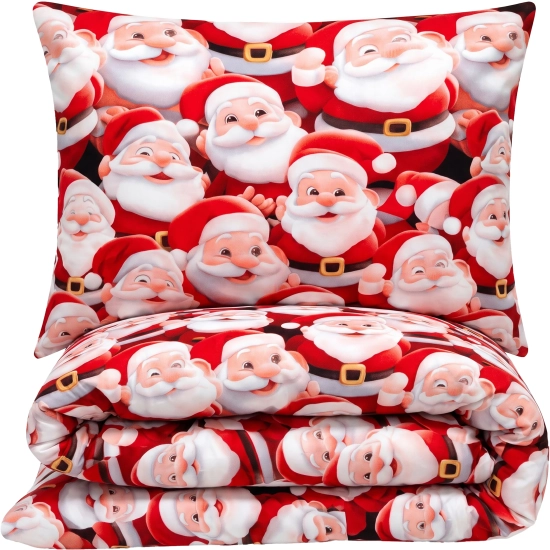 Packshot złożonego kompletu pościeli z satyny bawełnianej w Świętego Mikołaja z poduszką