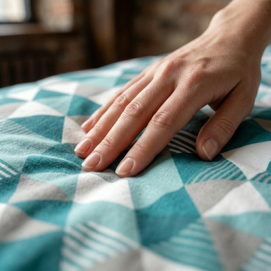 Zbliżenie dłoni na gładki materiał satyny bawełnianej pościeli w turkusowe trójkąty zapinanej na suwak