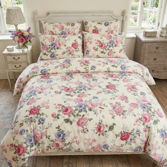 Romantyczna pościel w różowe i błękitne róże Angielskie Róże w jasnej sypialni polskiej marki J&W