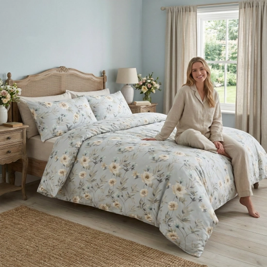 Uśmiechnięta kobieta w lnianej piżamie siedząca na łóżku z błękitną pościelą