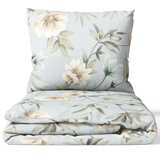 Ekskluzywna Pościel Kwiaty 200x200 Błękitna Magnolia Satyna Bawełniana