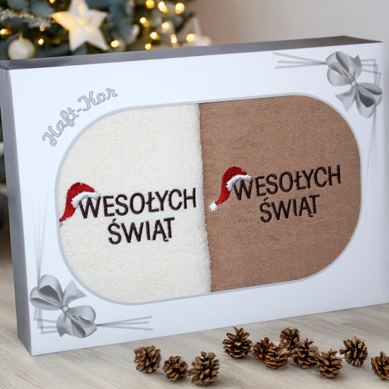 ŚWIĄTECZNY KOMPLET DWÓCH RĘCZNIKÓW 70x140 PREZENT ŚWIĘTA WESOŁYCH ŚWIĄT