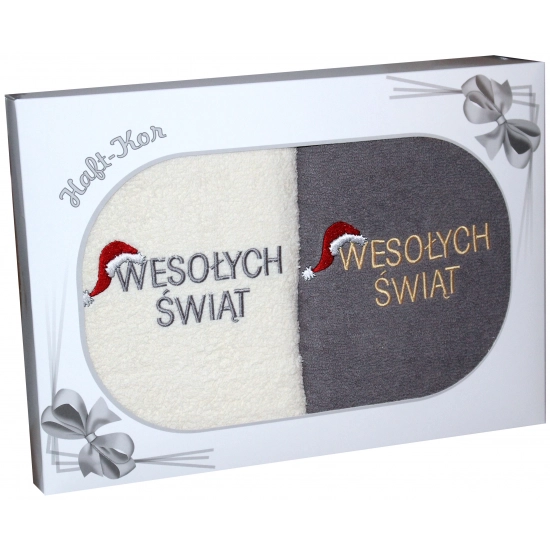 ŚWIĄTECZNY KOMPLET DWÓCH RĘCZNIKÓW 70x140 PREZENT ŚWIĘTA WESOŁYCH ŚWIĄT