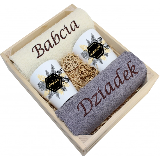 ZESTAW RĘCZNIKI KUBKI LATTE BABCIA DZIADEK PREZENT