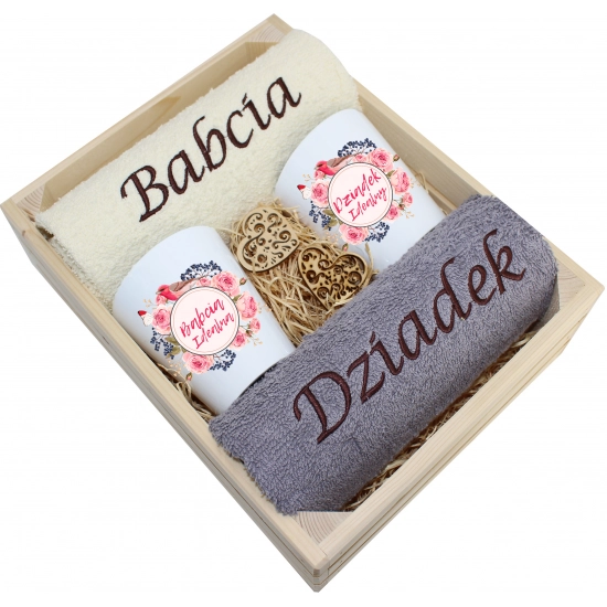 ZESTAW RĘCZNIKI KUBKI LATTE BABCIA DZIADEK PREZENT
