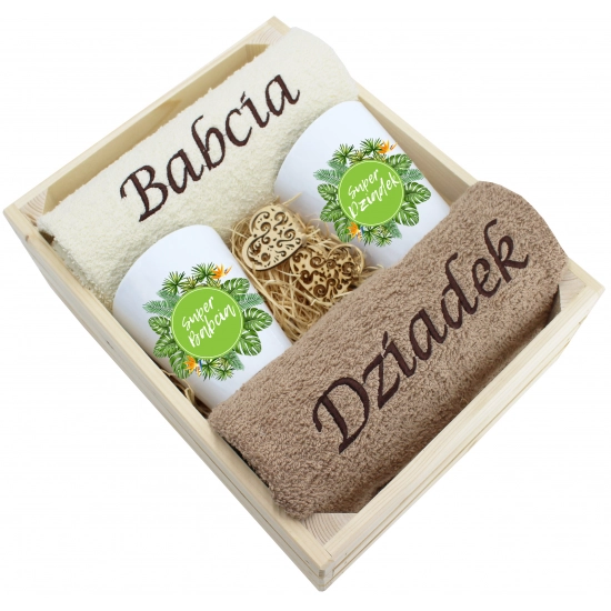ZESTAW RĘCZNIKI KUBKI LATTE BABCIA DZIADEK PREZENT