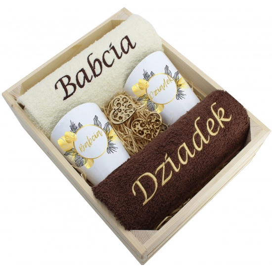 ZESTAW RĘCZNIKI KUBKI LATTE BABCIA DZIADEK PREZENT