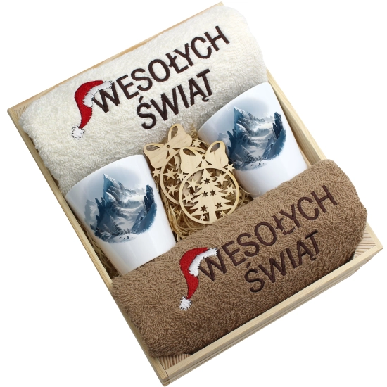 ZESTAW PREZENT ŚWIĄTECZNY KUBKI LATTE RĘCZNIKI W SKRZYNCE ŚWIĘTA MIKOŁAJ