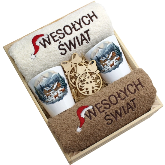 ZESTAW PREZENT ŚWIĄTECZNY KUBKI LATTE RĘCZNIKI W SKRZYNCE ŚWIĘTA MIKOŁAJ