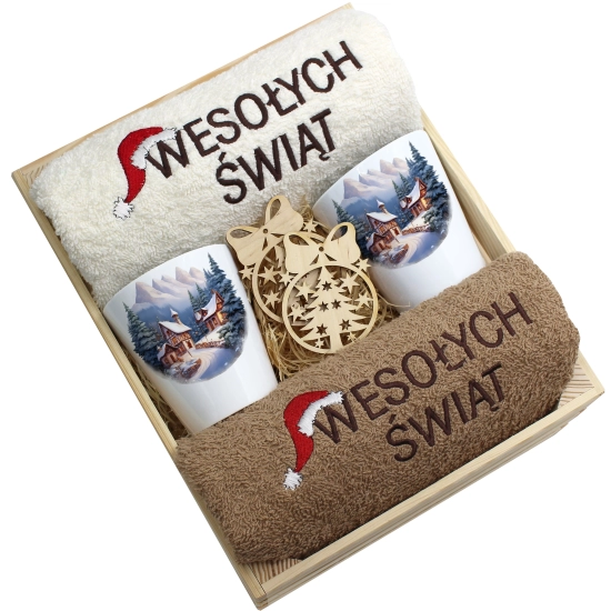 ZESTAW PREZENT ŚWIĄTECZNY KUBKI LATTE RĘCZNIKI W SKRZYNCE ŚWIĘTA MIKOŁAJ