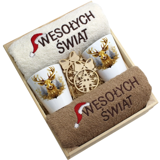 ZESTAW PREZENT ŚWIĄTECZNY KUBKI LATTE RĘCZNIKI W SKRZYNCE ŚWIĘTA MIKOŁAJ