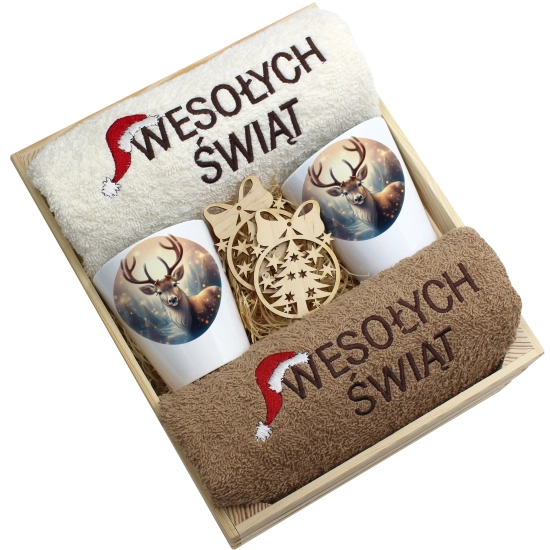 ZESTAW PREZENT ŚWIĄTECZNY KUBKI LATTE RĘCZNIKI W SKRZYNCE ŚWIĘTA MIKOŁAJ