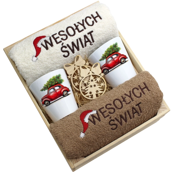 ZESTAW PREZENT ŚWIĄTECZNY KUBKI LATTE RĘCZNIKI W SKRZYNCE ŚWIĘTA MIKOŁAJ