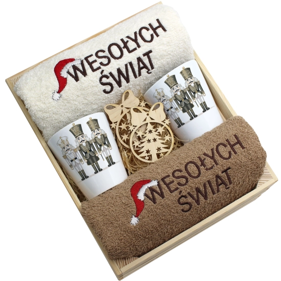 ZESTAW PREZENT ŚWIĄTECZNY KUBKI LATTE RĘCZNIKI W SKRZYNCE ŚWIĘTA MIKOŁAJ