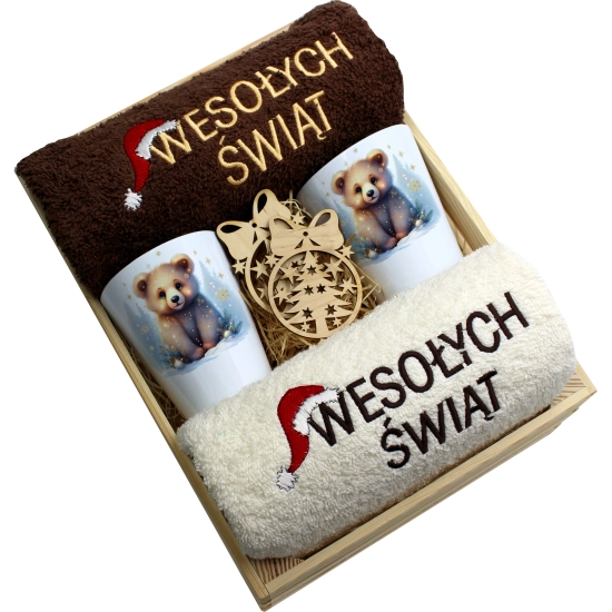 ZESTAW PREZENT ŚWIĄTECZNY KUBKI LATTE RĘCZNIKI W SKRZYNCE ŚWIĘTA MIKOŁAJ