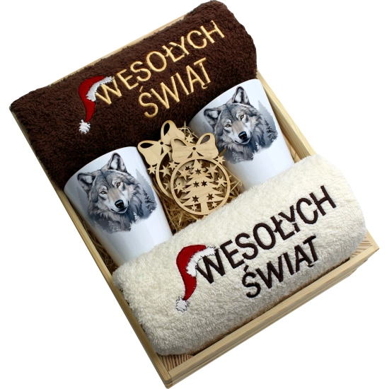 ZESTAW PREZENT ŚWIĄTECZNY KUBKI LATTE RĘCZNIKI W SKRZYNCE ŚWIĘTA MIKOŁAJ