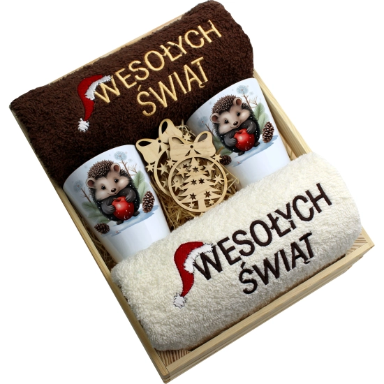 ZESTAW PREZENT ŚWIĄTECZNY KUBKI LATTE RĘCZNIKI W SKRZYNCE ŚWIĘTA MIKOŁAJ