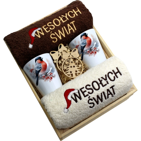 ZESTAW PREZENT ŚWIĄTECZNY KUBKI LATTE RĘCZNIKI W SKRZYNCE ŚWIĘTA MIKOŁAJ