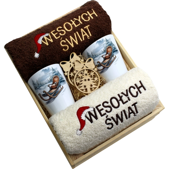 ZESTAW PREZENT ŚWIĄTECZNY KUBKI LATTE RĘCZNIKI W SKRZYNCE ŚWIĘTA MIKOŁAJ