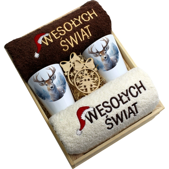 ZESTAW PREZENT ŚWIĄTECZNY KUBKI LATTE RĘCZNIKI W SKRZYNCE ŚWIĘTA MIKOŁAJ