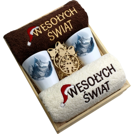 ZESTAW PREZENT ŚWIĄTECZNY KUBKI LATTE RĘCZNIKI W SKRZYNCE ŚWIĘTA MIKOŁAJ