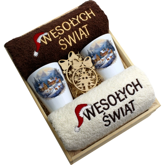 ZESTAW PREZENT ŚWIĄTECZNY KUBKI LATTE RĘCZNIKI W SKRZYNCE ŚWIĘTA MIKOŁAJ