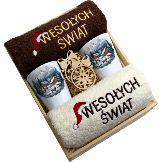 ZESTAW PREZENT ŚWIĄTECZNY KUBKI LATTE RĘCZNIKI W SKRZYNCE ŚWIĘTA MIKOŁAJ