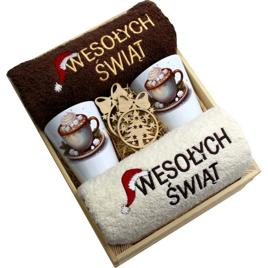 ZESTAW PREZENT ŚWIĄTECZNY KUBKI LATTE RĘCZNIKI W SKRZYNCE ŚWIĘTA MIKOŁAJ