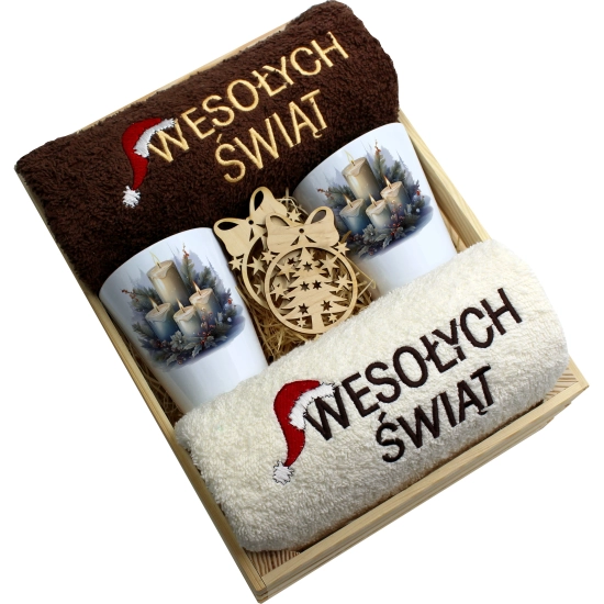 ZESTAW PREZENT ŚWIĄTECZNY KUBKI LATTE RĘCZNIKI W SKRZYNCE ŚWIĘTA MIKOŁAJ