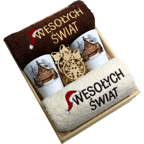 ZESTAW PREZENT ŚWIĄTECZNY KUBKI LATTE RĘCZNIKI W SKRZYNCE ŚWIĘTA MIKOŁAJ