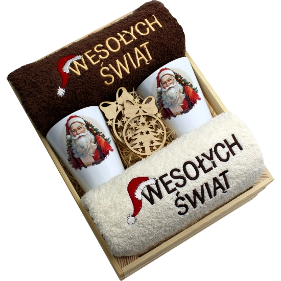 ZESTAW PREZENT ŚWIĄTECZNY KUBKI LATTE RĘCZNIKI W SKRZYNCE ŚWIĘTA MIKOŁAJ