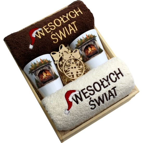 ZESTAW PREZENT ŚWIĄTECZNY KUBKI LATTE RĘCZNIKI W SKRZYNCE ŚWIĘTA MIKOŁAJ