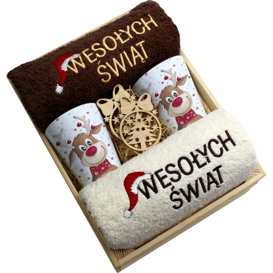 ZESTAW PREZENT ŚWIĄTECZNY KUBKI LATTE RĘCZNIKI W SKRZYNCE ŚWIĘTA MIKOŁAJ