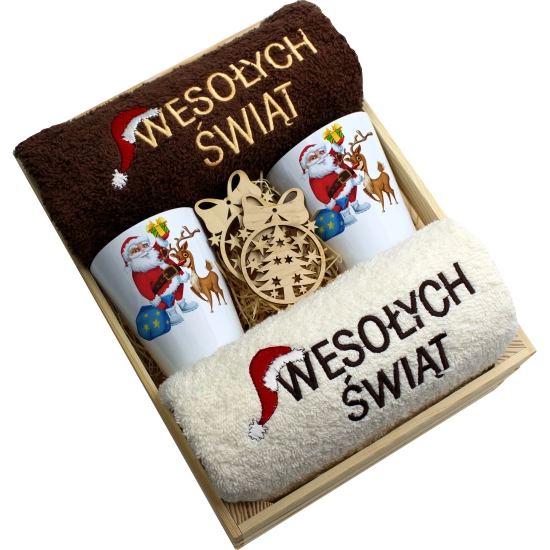 ZESTAW PREZENT ŚWIĄTECZNY KUBKI LATTE RĘCZNIKI W SKRZYNCE ŚWIĘTA MIKOŁAJ